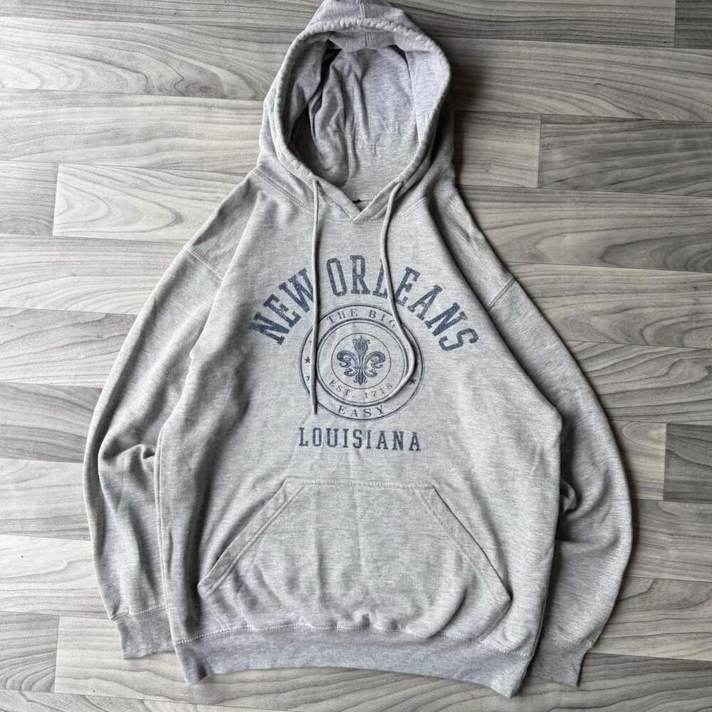 Y2K New Orleans Louisiana Hoodie Medium Grey Fleur-De-Lis Graphic